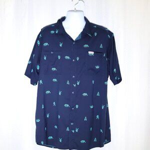 Columbia Size 2XT dark blue turquoise bears campfire sasquatch camping/fishing